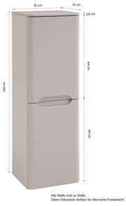 Weißer, schlanker Badezimmer-Hochschrank mit zwei Türen und Griffmulde, Maße ca. 130 x 41 x 35 cm, in leichter Front-/Seitenansicht (schräg von vorn) mit Maßangaben