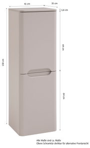 Weißer, schlanker Badezimmer-Hochschrank mit zwei Türen und Griffmulde, Maße ca. 130 x 41 x 35 cm, in leichter Front-/Seitenansicht (schräg von vorn) mit Maßangaben