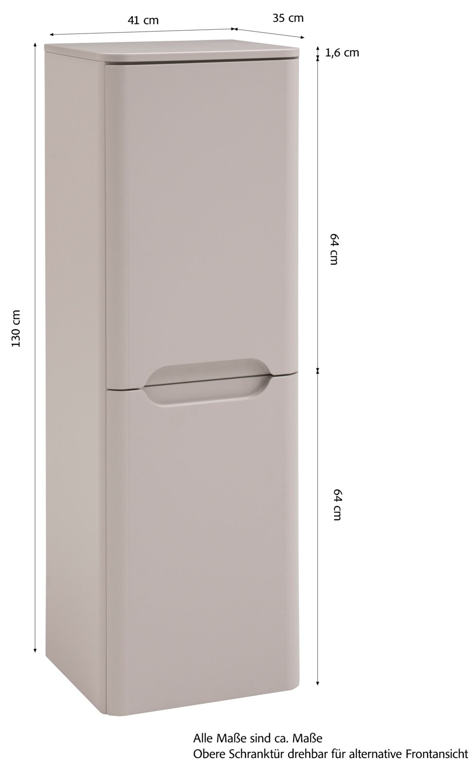Weißer, schlanker Badezimmer-Hochschrank mit zwei Türen und Griffmulde, Maße ca. 130 x 41 x 35 cm, in leichter Front-/Seitenansicht (schräg von vorn) mit Maßangaben