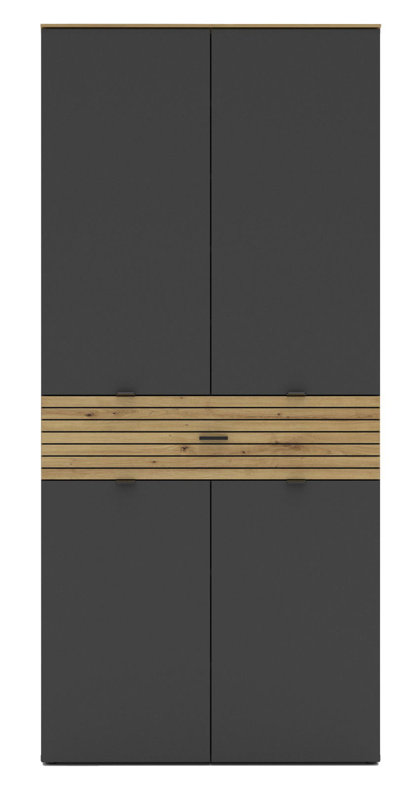 Moderner XL-Schuhschrank in dunklem Grau mit Holzstreifen, Frontalansicht