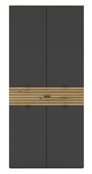 Moderner XL-Schuhschrank in dunklem Grau mit Holzstreifen, Frontalansicht