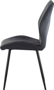 Dunkelgrauer Polsterstuhl mit hoher Rückenlehne und schwarzen Metallbeinen, Seitenansicht von links vor weißem Hintergrund