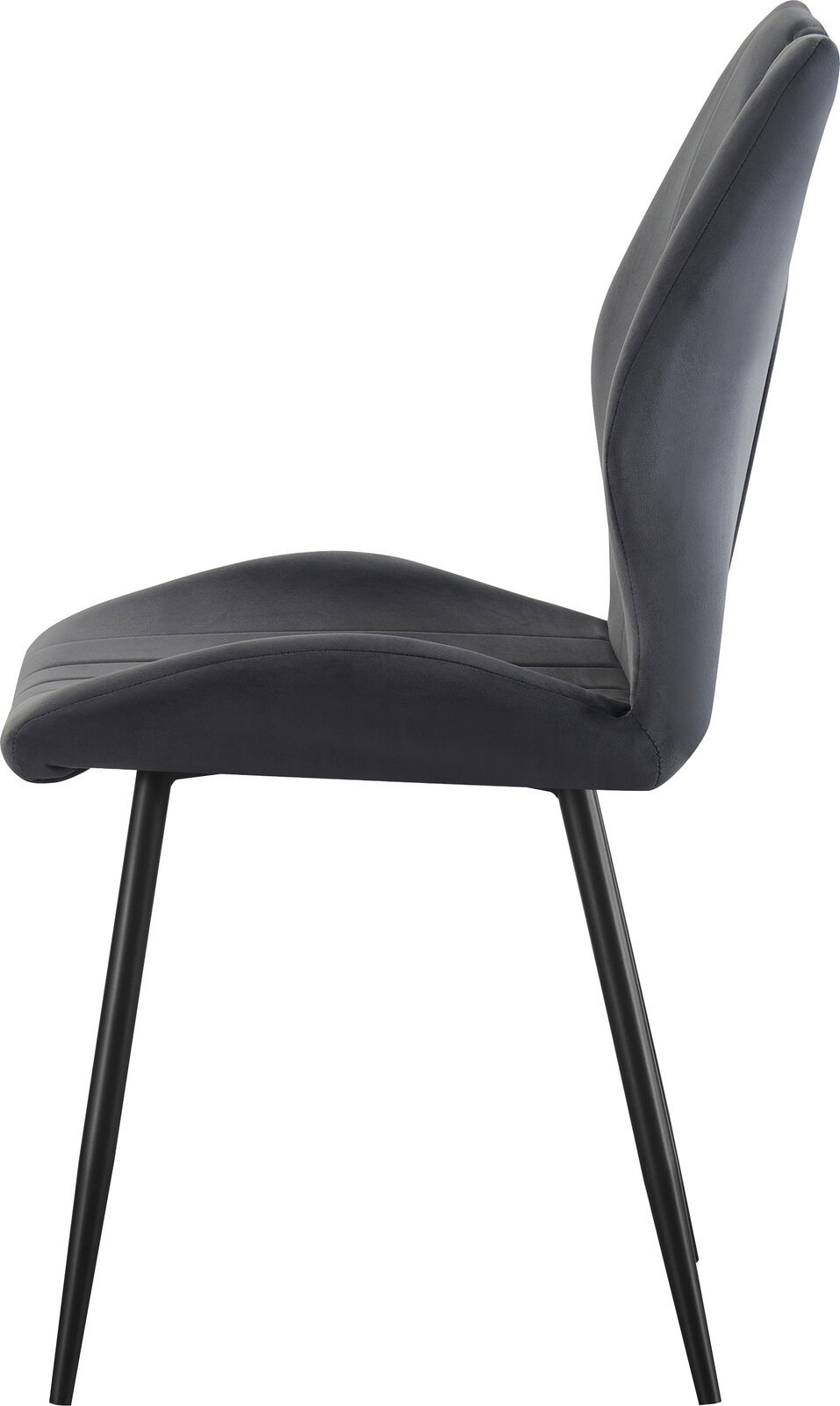 Dunkelgrauer Polsterstuhl mit hoher Rückenlehne und schwarzen Metallbeinen, Seitenansicht von links vor weißem Hintergrund