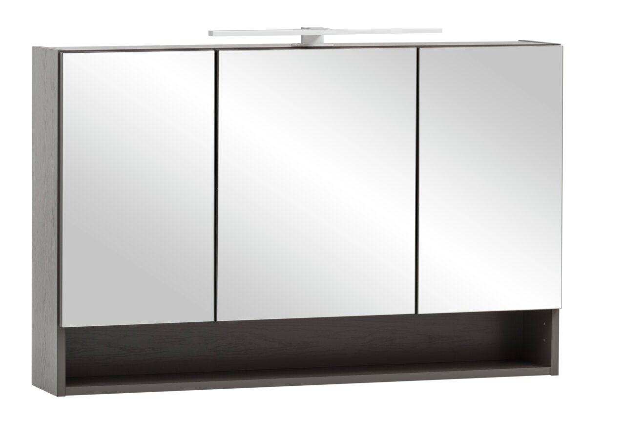 Moderner Spiegelschrank mit drei Türen und integrierter Beleuchtung, Frontalansicht.