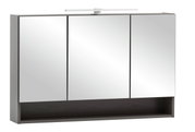 Moderne spiegelkast met drie deuren en ingebouwde verlichting, vooraanzicht.