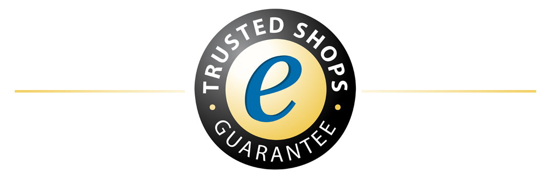 Rundes Trusted Shops Gütesiegel mit blauem „e“, goldenem Hintergrund und schwarzem Rand.