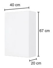 Weißer Hängeschrank mit den Maßen 40 cm Breite, 67 cm Höhe und 20 cm Tiefe, seitliche Perspektive.