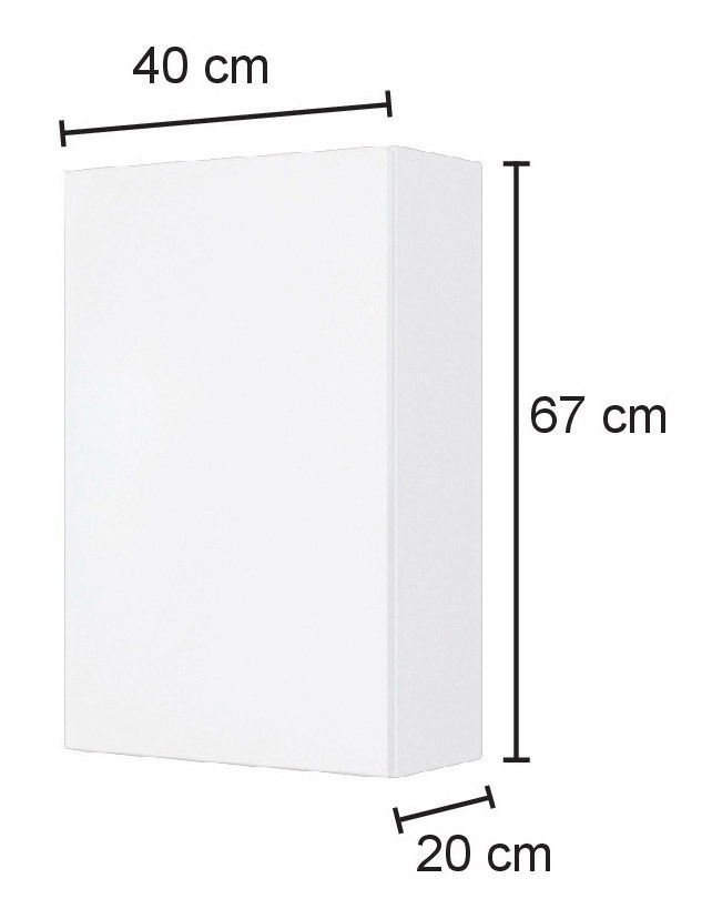 Weißer Hängeschrank mit den Maßen 40 cm Breite, 67 cm Höhe und 20 cm Tiefe, seitliche Perspektive.