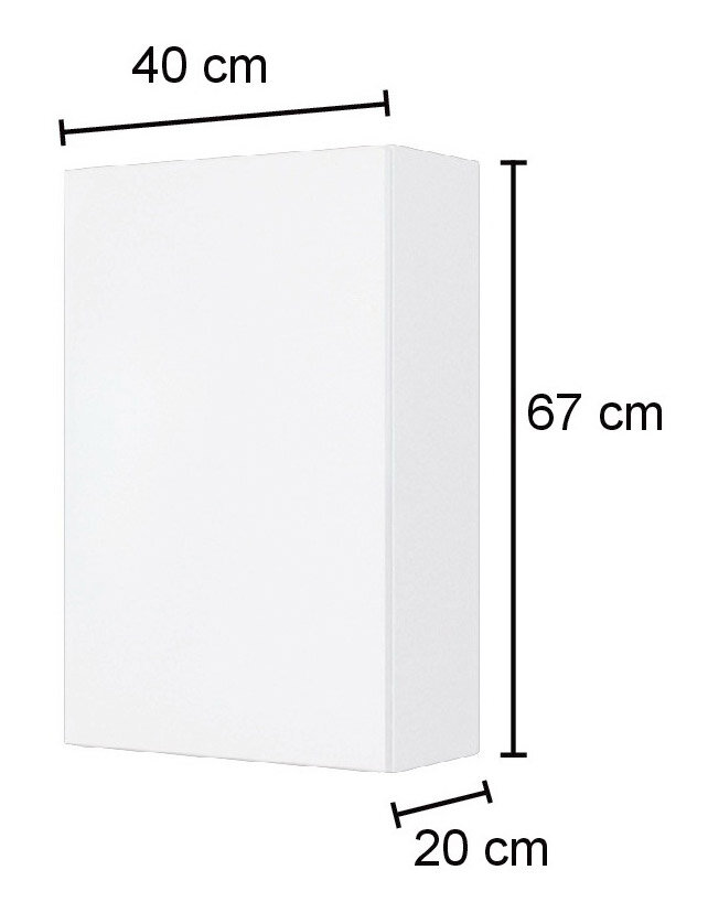Weißer Hängeschrank mit den Maßen 40 cm Breite, 67 cm Höhe und 20 cm Tiefe, seitliche Perspektive.