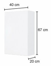 Weißer Hängeschrank mit den Maßen 40 cm Breite, 67 cm Höhe und 20 cm Tiefe, seitliche Perspektive.