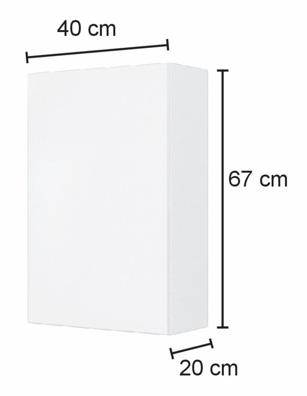 Weißer Hängeschrank mit den Maßen 40 cm Breite, 67 cm Höhe und 20 cm Tiefe, seitliche Perspektive.