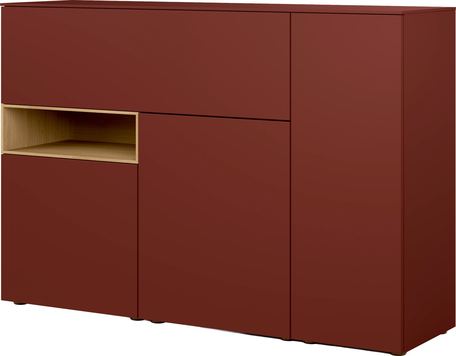 WK-Wohnen Highboard VIVA Bordeauxrotes Sideboard mit glatten Fronten und offenem Holzfach, Produktansicht schräg von vorn links.