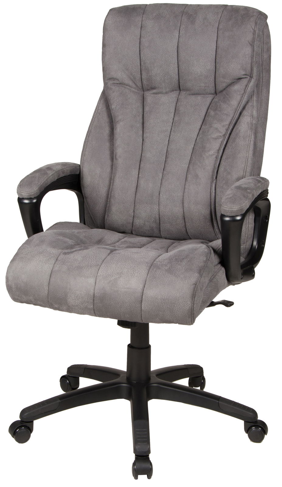 Grauer Chefsessel mit gepolstertem Sitz und Rückenlehne, Armlehnen und Rollen, seitliche Perspektive