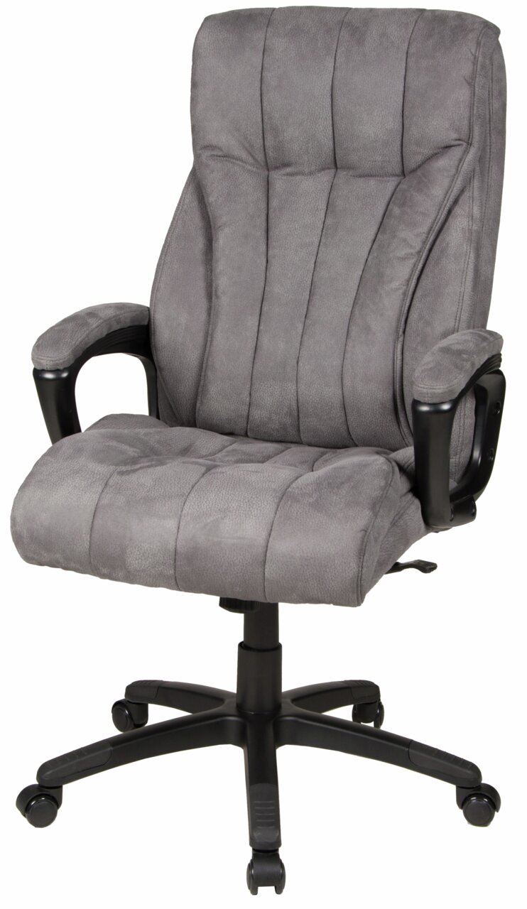 Grauer Chefsessel mit gepolstertem Sitz und Rückenlehne, Armlehnen und Rollen, seitliche Perspektive