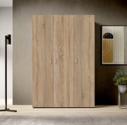 Drehtürenschrank 3-türig in Holzoptik, frontal fotografiert, in einem modernen Raum mit Lampe und Kunstwerk an der Wand.