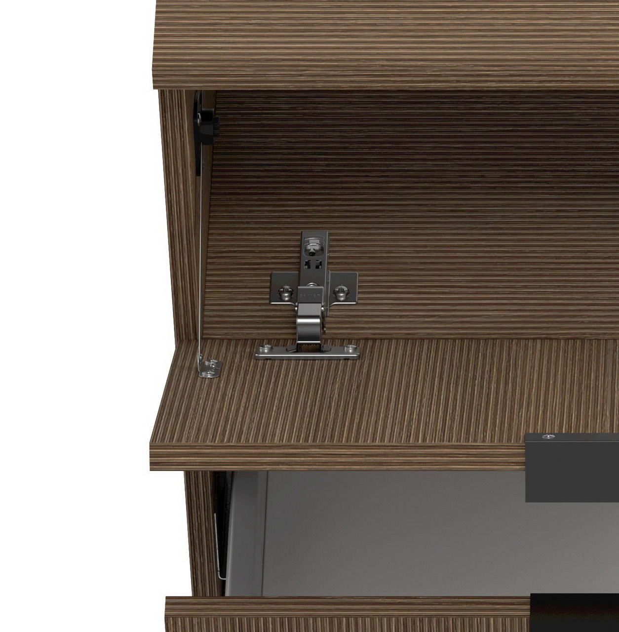 Nahaufnahme eines geöffneten Waschbeckenunterschranks mit Holzmaserung und sichtbarem Scharnier.