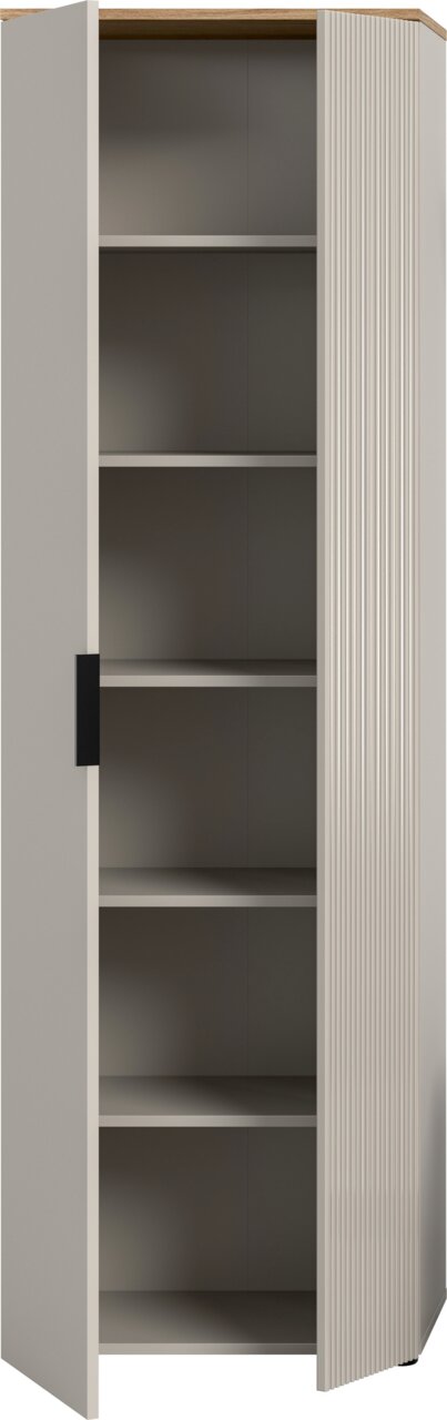 Garderobenschrank mit offenen Türen, fünf Regalböden und einer Holzoberfläche, Frontalansicht.