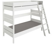 Weißes Etagenbett mit grauen Matratzen, seitliche Perspektive mit Leiter