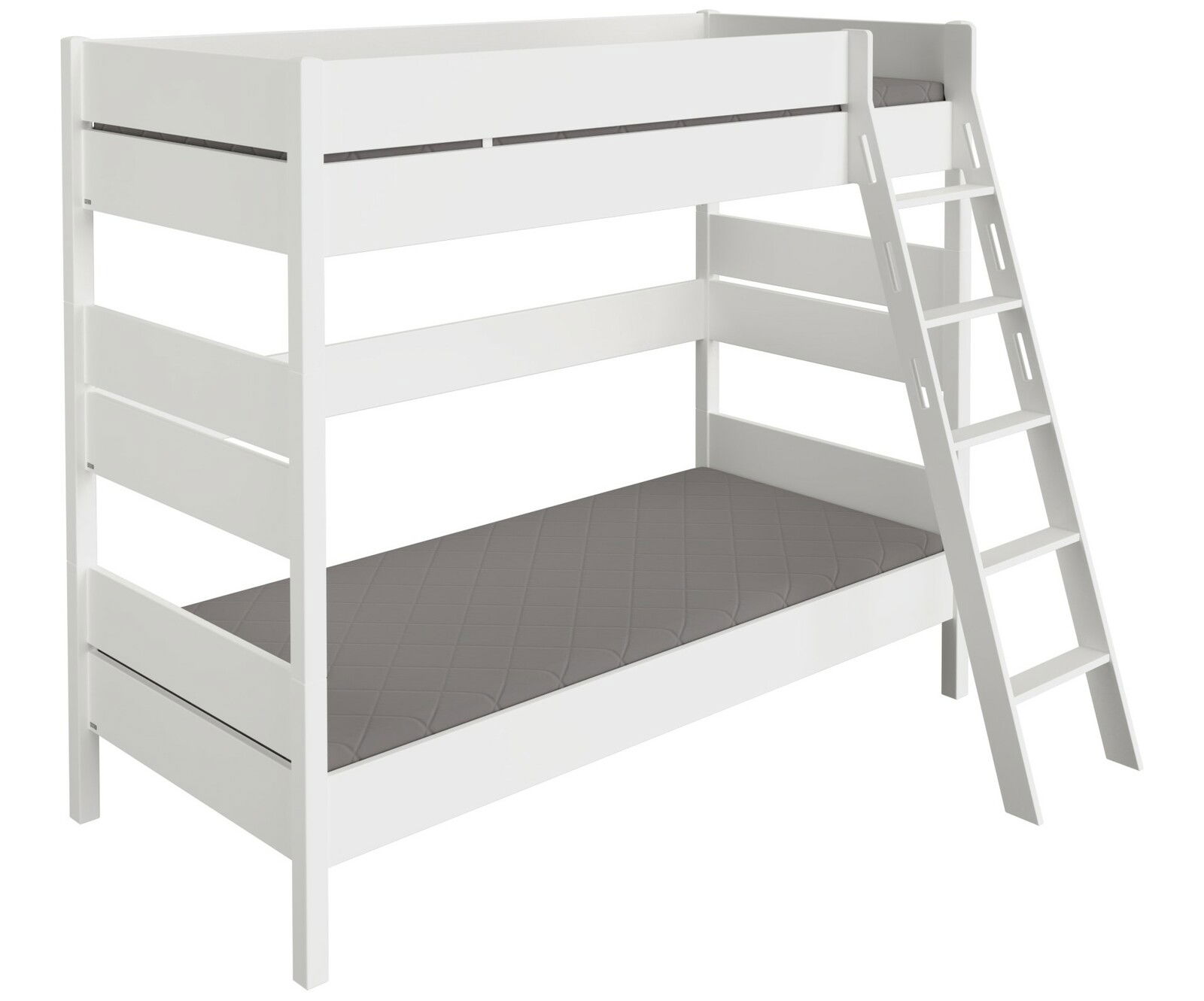 Weißes Etagenbett mit grauen Matratzen, seitliche Perspektive mit Leiter