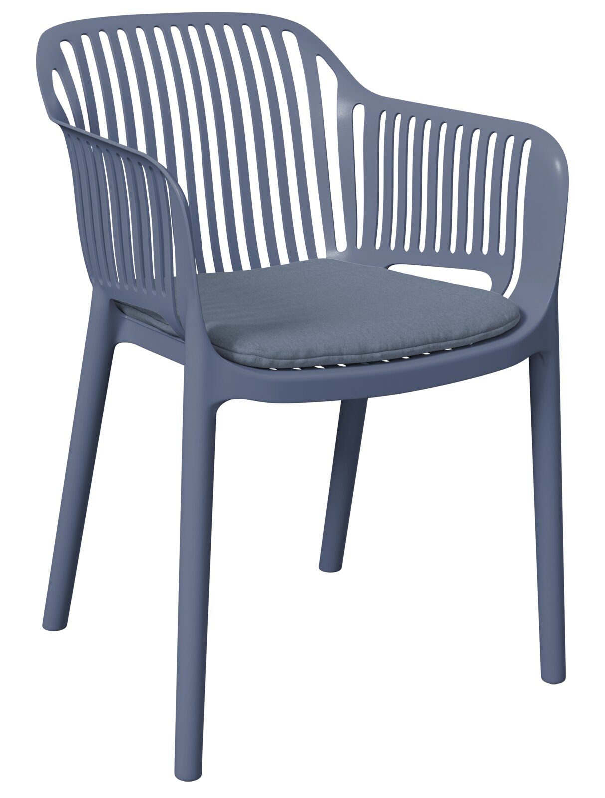 Ambia Garden Stapelsessel MINO Moderner blauer Stapelsessel mit Armlehnen und gepolstertem Sitzkissen, seitliche Perspektive