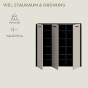 Frontansicht eines modernen, zweifarbigen Schranks/Sideboards mit drei geöffneten Türen, schwarzen Innenfächern und viel Stauraum; Hinweis auf Kippschutzsicherung