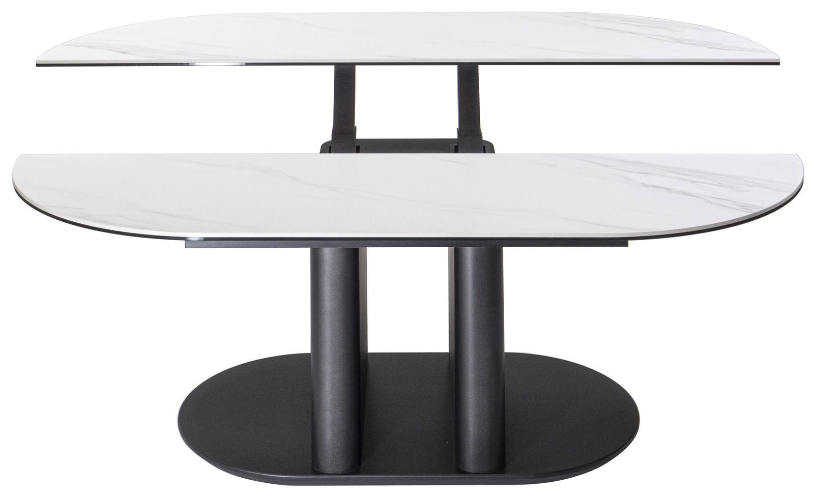 Moderner Couchtisch mit zwei weißen, marmorierten Tischplatten und schwarzem Gestell, seitliche Perspektive.