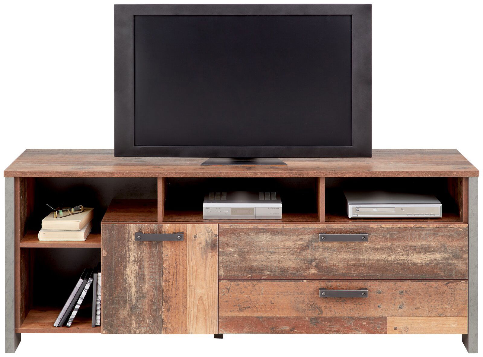 TV-Unterschrank aus Holz mit rustikalem Design, frontal abgebildet. Enthält offene Fächer und Schubladen zur Aufbewahrung.
