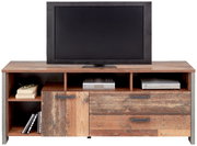 TV-Unterschrank aus Holz mit rustikalem Design, frontal abgebildet. Enthält offene Fächer und Schubladen zur Aufbewahrung.