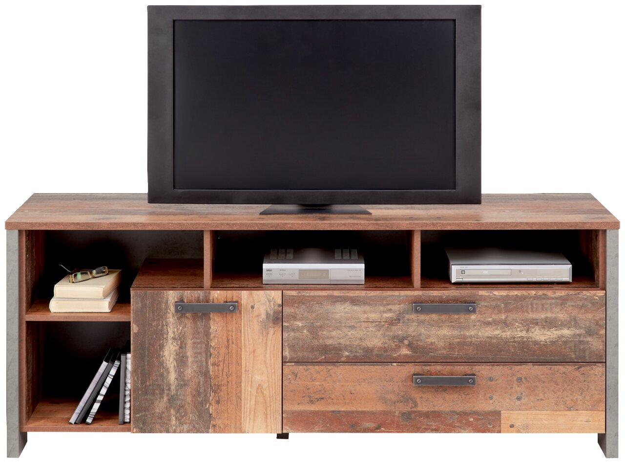 TV-Unterschrank aus Holz mit rustikalem Design, frontal abgebildet. Enthält offene Fächer und Schubladen zur Aufbewahrung.