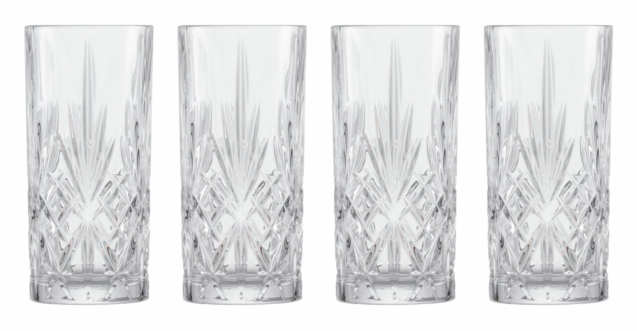 SCHOTT ZWIESEL Longdrinkglas-Set 4-tlg SHOW Vier Longdrinkgläser mit elegantem Schliffmuster, frontal fotografiert.