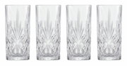 Vier Longdrinkgläser mit elegantem Schliffmuster, frontal fotografiert.