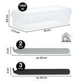 Transparente Kunststoffbox mit 1000 ml Fassungsvermögen, 23 cm lang, 11,5 cm breit und 6,5 cm hoch, zusammen mit zwei grauen und drei schwarzen Verschlussclips, jeweils ca. 20 cm lang. Perspektive von der Seite.