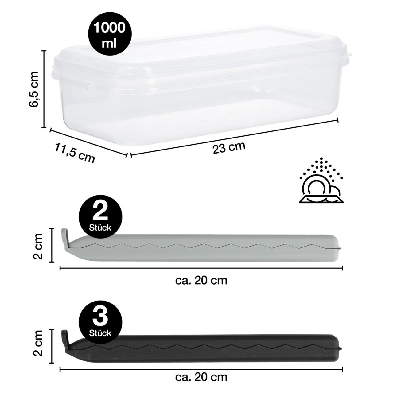 Transparente Kunststoffbox mit 1000 ml Fassungsvermögen, 23 cm lang, 11,5 cm breit und 6,5 cm hoch, zusammen mit zwei grauen und drei schwarzen Verschlussclips, jeweils ca. 20 cm lang. Perspektive von der Seite.