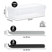 Transparente Kunststoffbox mit 1000 ml Fassungsvermögen, 23 cm lang, 11,5 cm breit und 6,5 cm hoch, zusammen mit zwei grauen und drei schwarzen Verschlussclips, jeweils ca. 20 cm lang. Perspektive von der Seite.