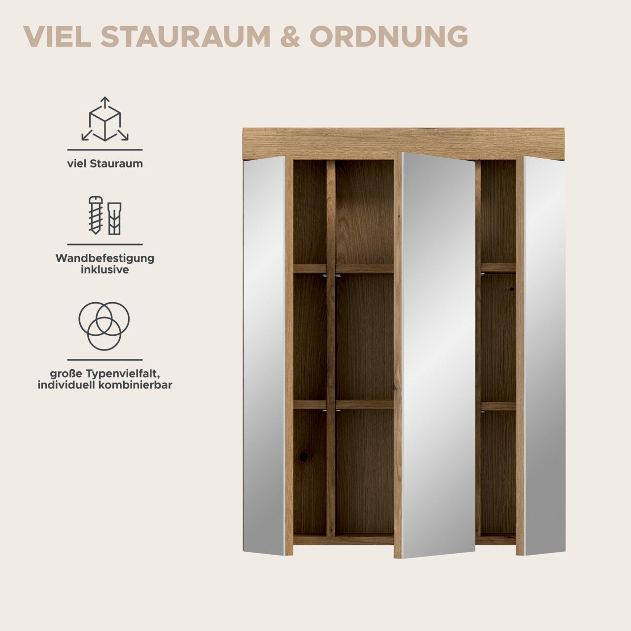 Offener Kleiderschrank in Holzoptik mit drei weißen Türen und mehreren Fächern, frontal aus leicht schräger Perspektive dargestellt; Hinweisgrafiken zu viel Stauraum, inklusiver Wandbefestigung und individueller Kombinierbarkeit.