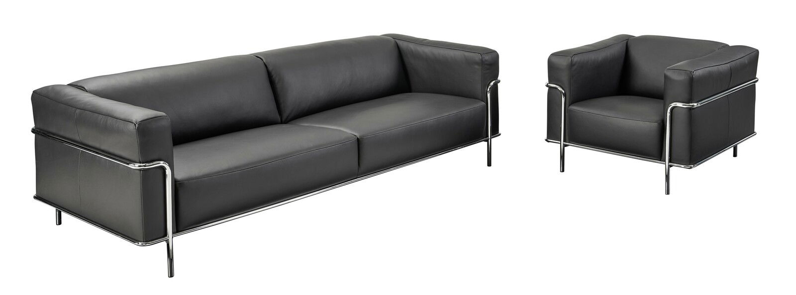 Schwarzes Ledersofa und Sessel mit Chromgestell, seitliche Perspektive