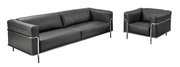 Schwarzes Ledersofa und Sessel mit Chromgestell, seitliche Perspektive
