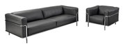Zwarte leren bank en fauteuil met chromen onderstel, zijaanzicht