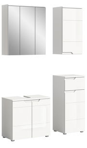 Moderne Badkombination in Weiß mit Spiegelschrank, Hochschrank, Waschbeckenunterschrank und Kommode, frontal abgebildet.