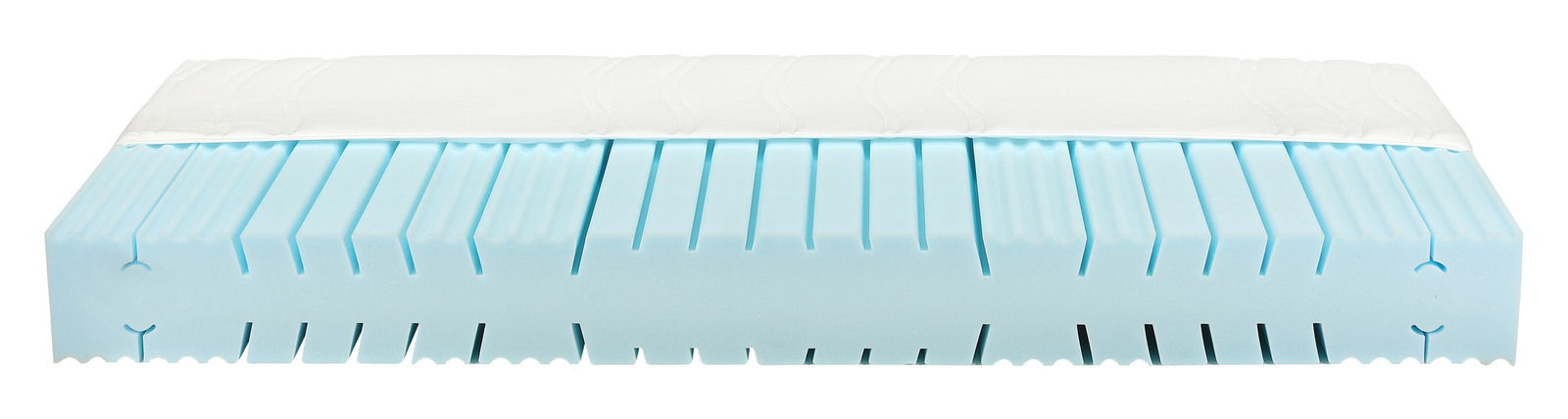 Querschnitt einer blauen Matratze mit weißem Bezug, seitliche Perspektive