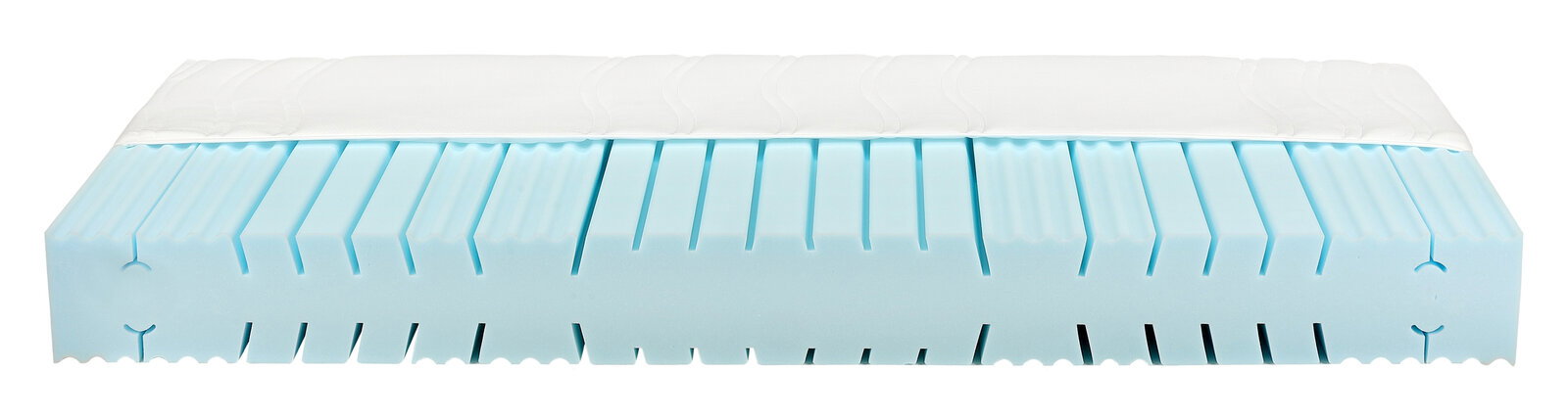 Querschnitt einer blauen Matratze mit weißem Bezug, seitliche Perspektive