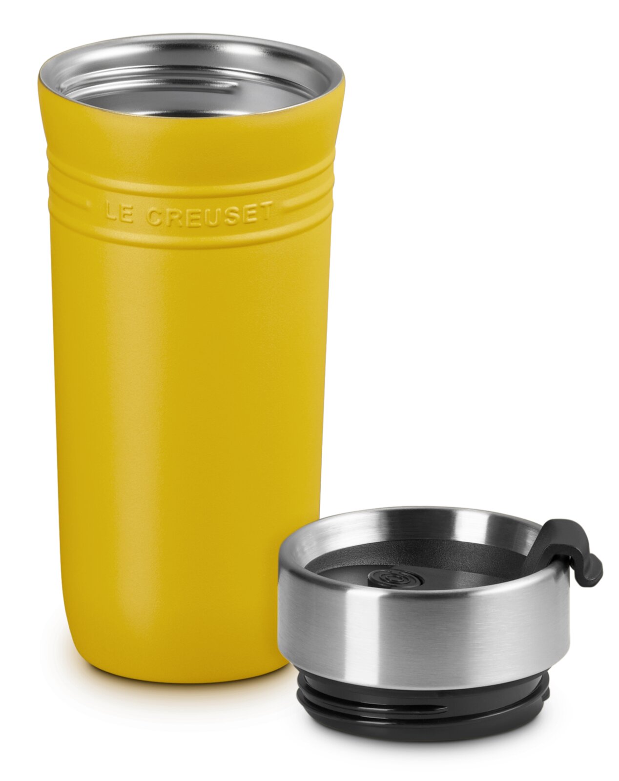 Gelber Thermobecher 350ml Nectar von Le Creuset mit abgenommenem Deckel, seitliche Perspektive