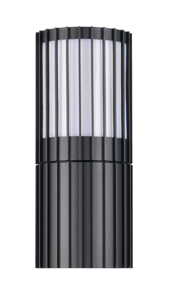 Moderne schwarze Außenwandleuchte mit vertikalen Streben, frontal abgebildet.