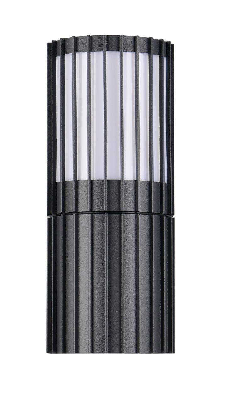 Moderne zwarte buitenwandlamp met verticale steunen, afgebeeld van voren.