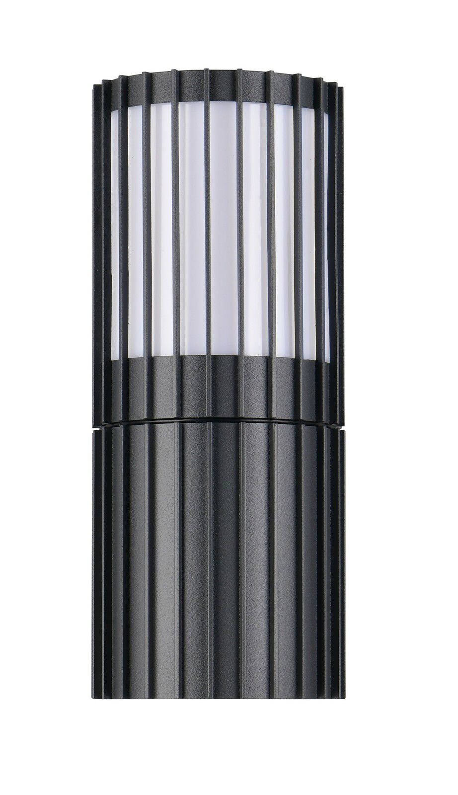 Moderne schwarze Außenwandleuchte mit vertikalen Streben, frontal abgebildet.