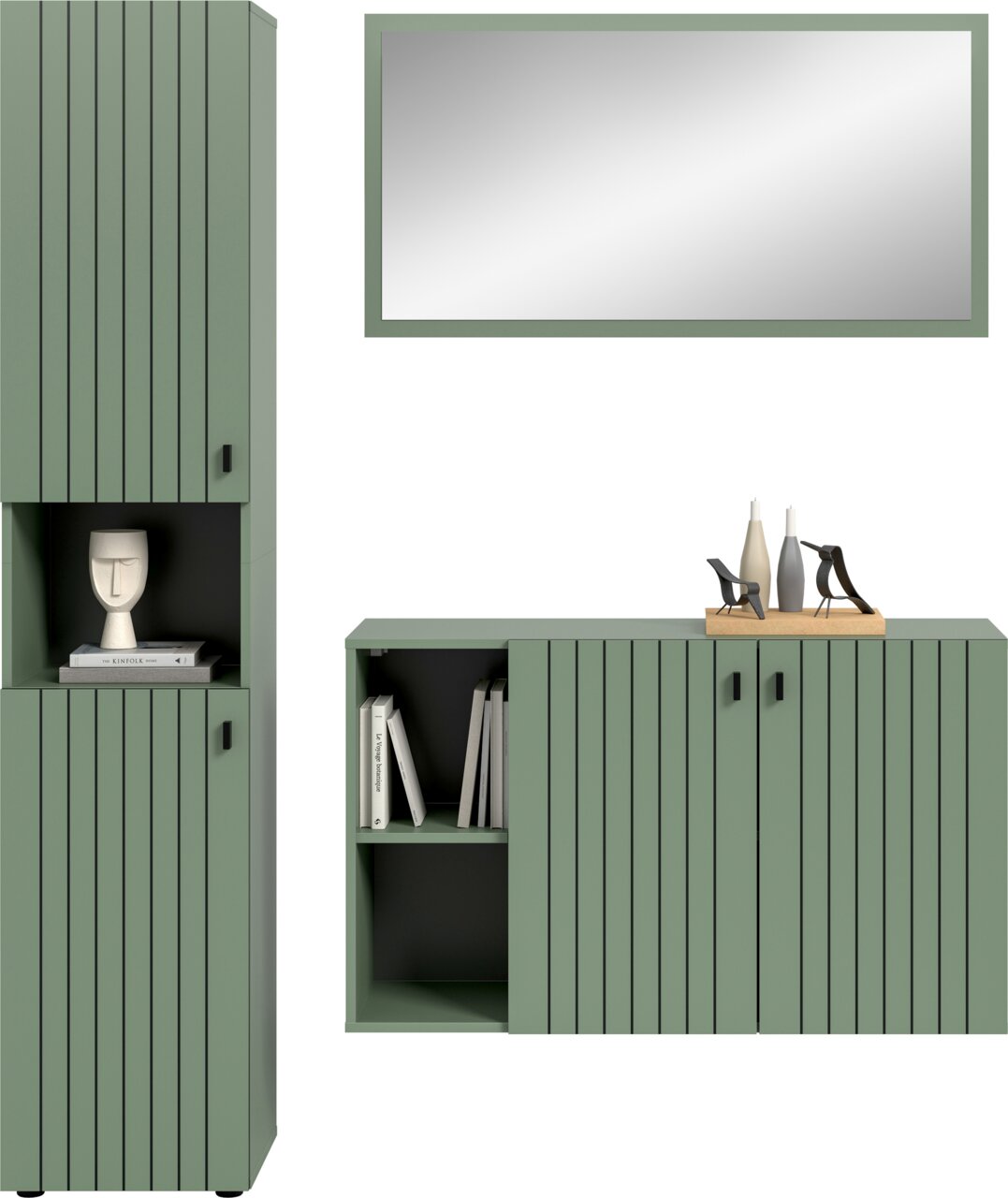 Grünes Sideboard und hoher Schrank mit vertikaler Lamellenoptik, offenen Regalfächern und schwarzen Griffen, frontale Ansicht.