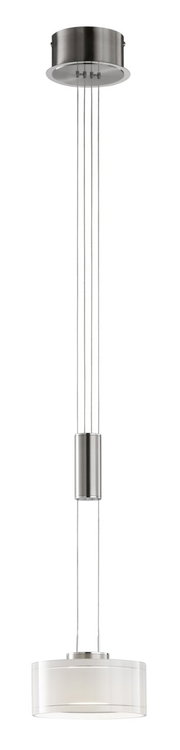 Moderne hanglamp met een ronde, witte glazen kap en een metalen ophanging in roestvrijstalen look, afgebeeld op een witte achtergrond, vooraanzicht.