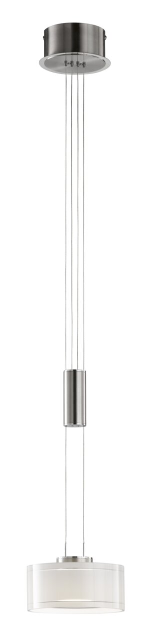 Moderne hanglamp met een ronde, witte glazen kap en een metalen ophanging in roestvrijstalen look, afgebeeld op een witte achtergrond, vooraanzicht.