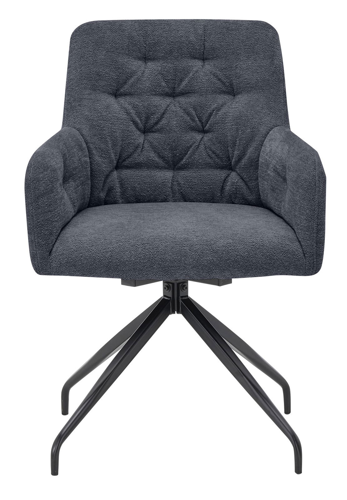 Grauer Armlehnstuhl mit gepolsterter Sitzfläche und Rückenlehne, Metallbeine, Frontalansicht