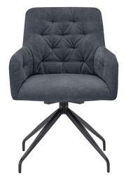 Grauer Armlehnstuhl mit gepolsterter Sitzfläche und Rückenlehne, Metallbeine, Frontalansicht